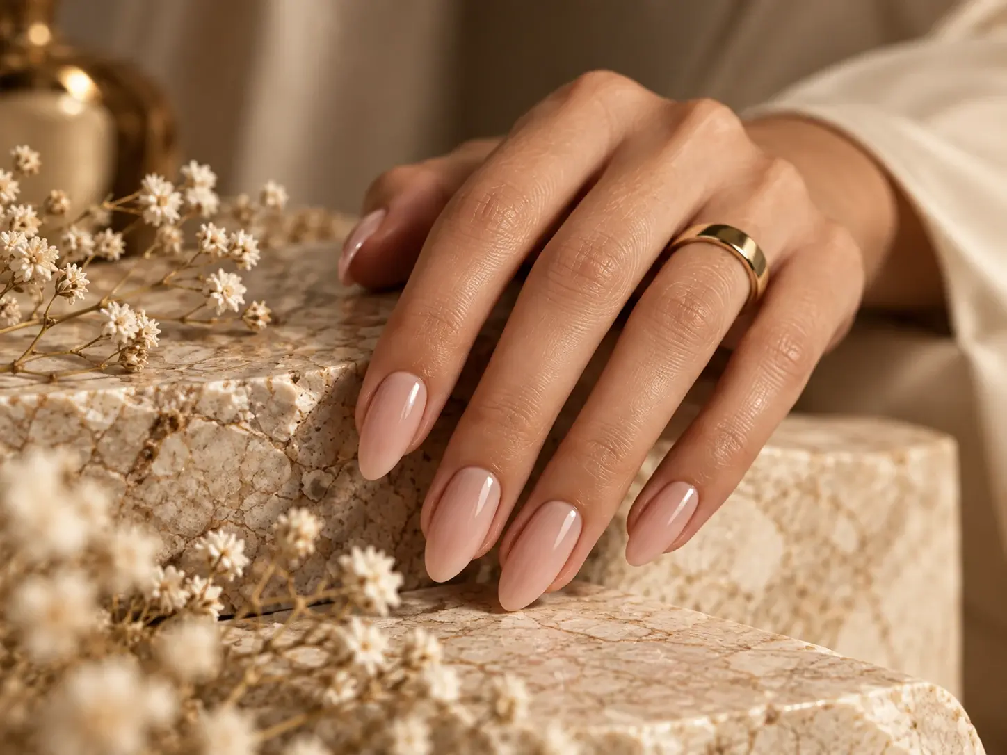 Mano con manicura nude sobre una superficie de piedra y flores secas